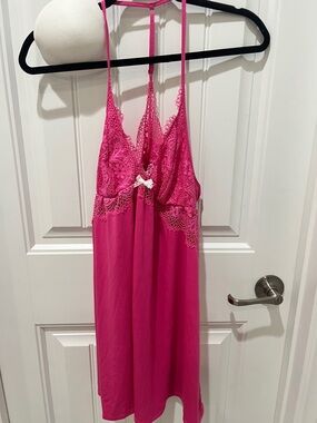 Victoria's Secret Hot Pink Lace-Trim Chemise with Center Bow